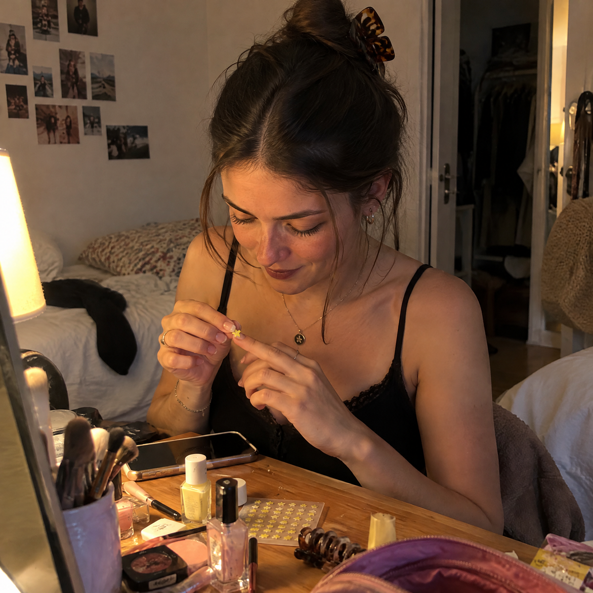 Elle colle son sticker en se préparant
