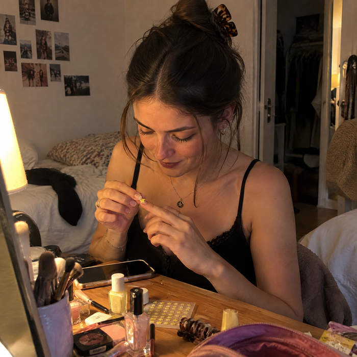 Elle colle son sticker en se préparant