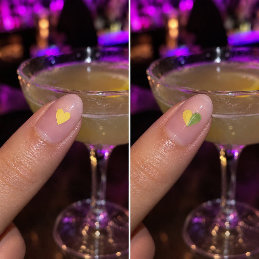 Avant / après dans le même verre : le cœur reste jaune si tout va bien, il devient moitié vert au contact du GHB