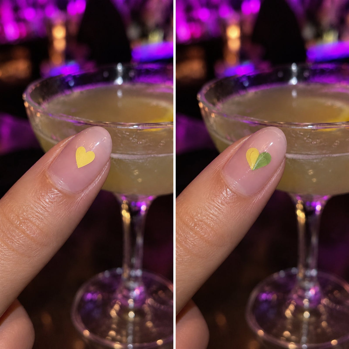 Avant / après dans le même verre : le cœur reste jaune si tout va bien, il devient moitié vert au contact du GHB